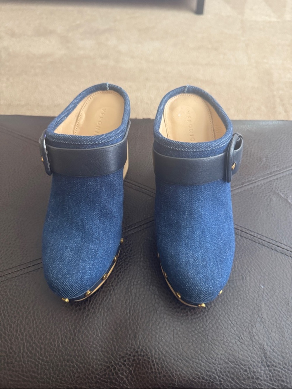 Veronica Beard Blue Denim Platform Clogs with Leather Strap